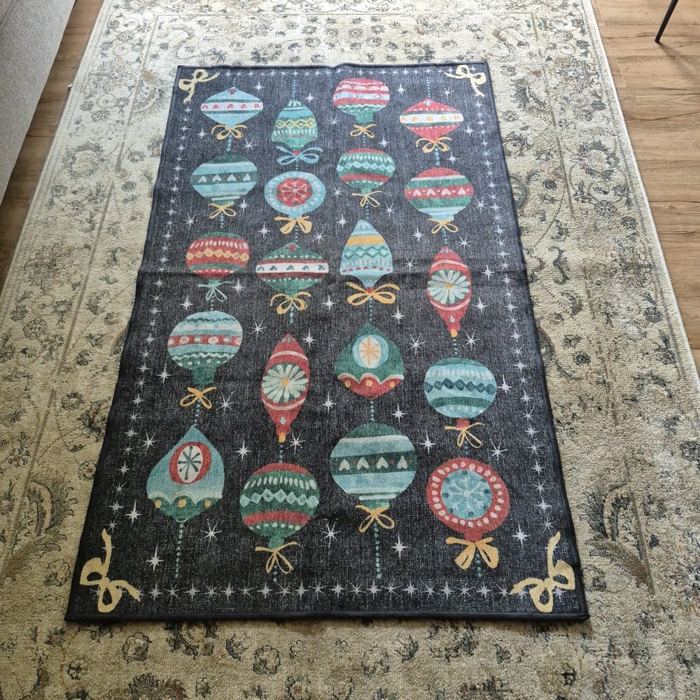 Ruggable 3x5 Area Rug Cover Vintage Christmas Ornaments Dark Grey Holiday